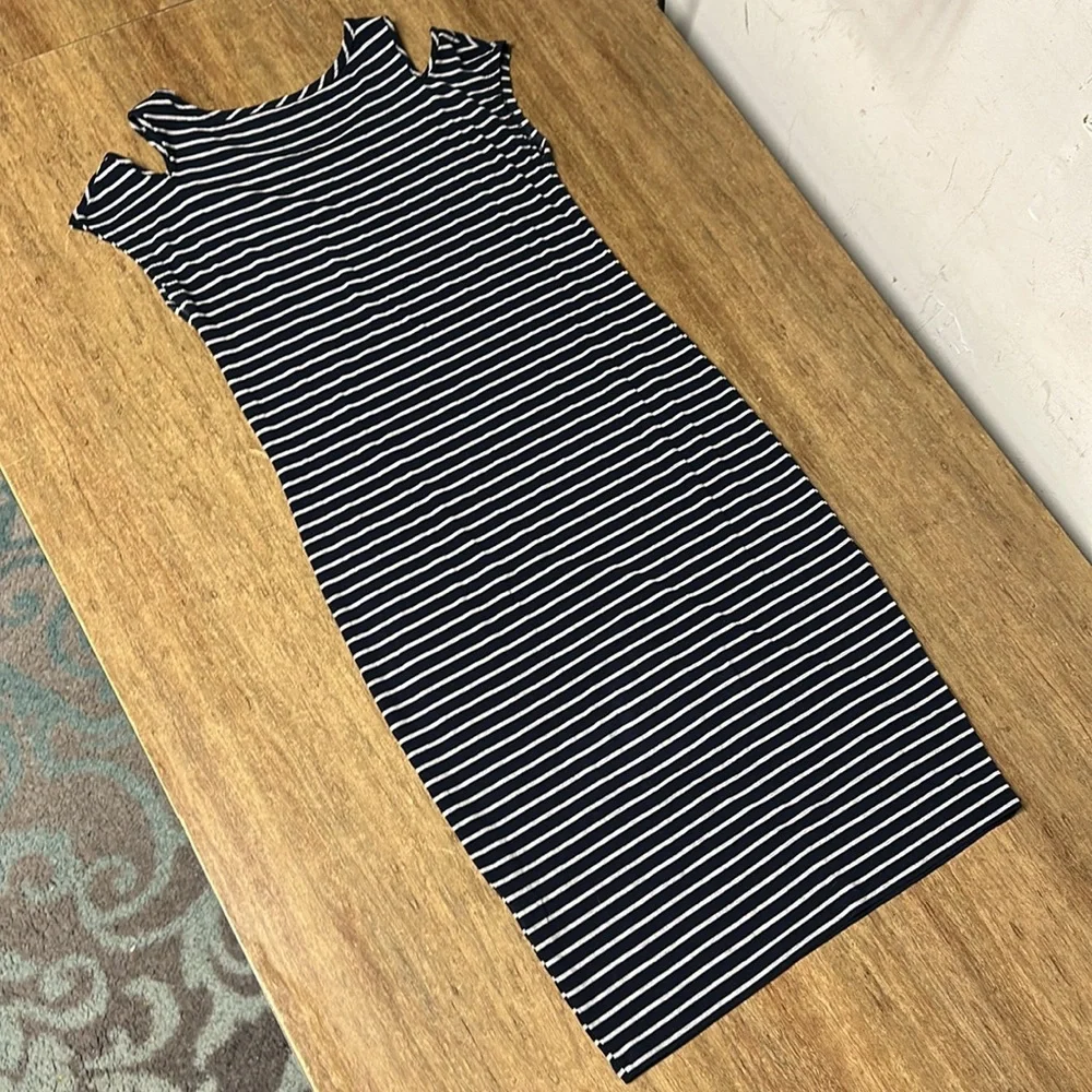 Athleta like new cold shoulder navy Heather grey stretchy soft knit midi dress - Picture 7 of 8